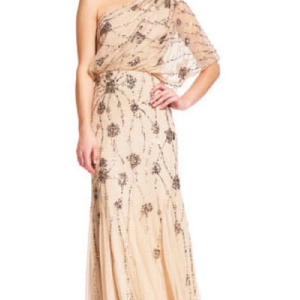 Adrianna Papell One Shoulder Dress in Cream and Gold